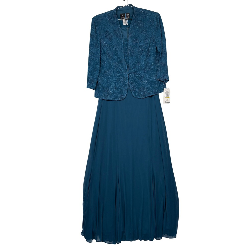 NWT Alex Evenings Womens 2 Piece Maxi Dress Set 14 Teal Glitter Jacket Formal